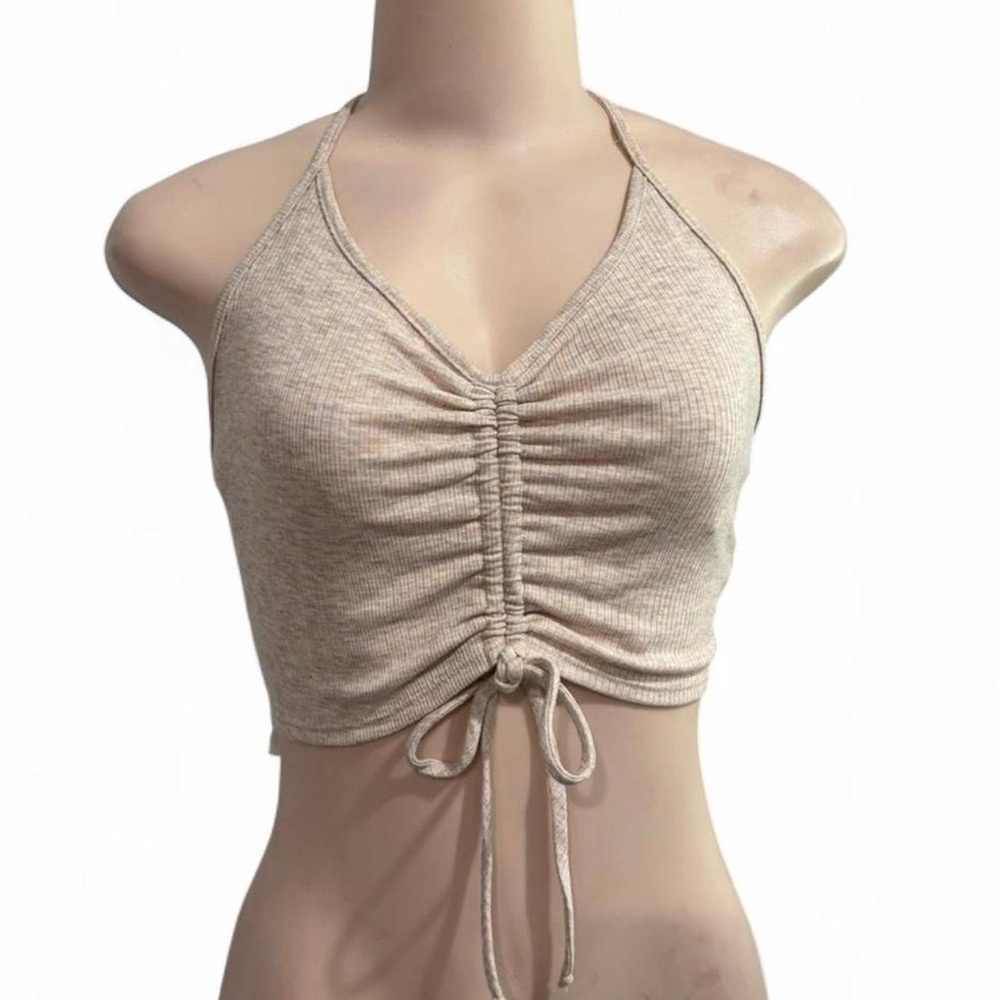 Cream Oatmeal Ruched Halter Crop Top